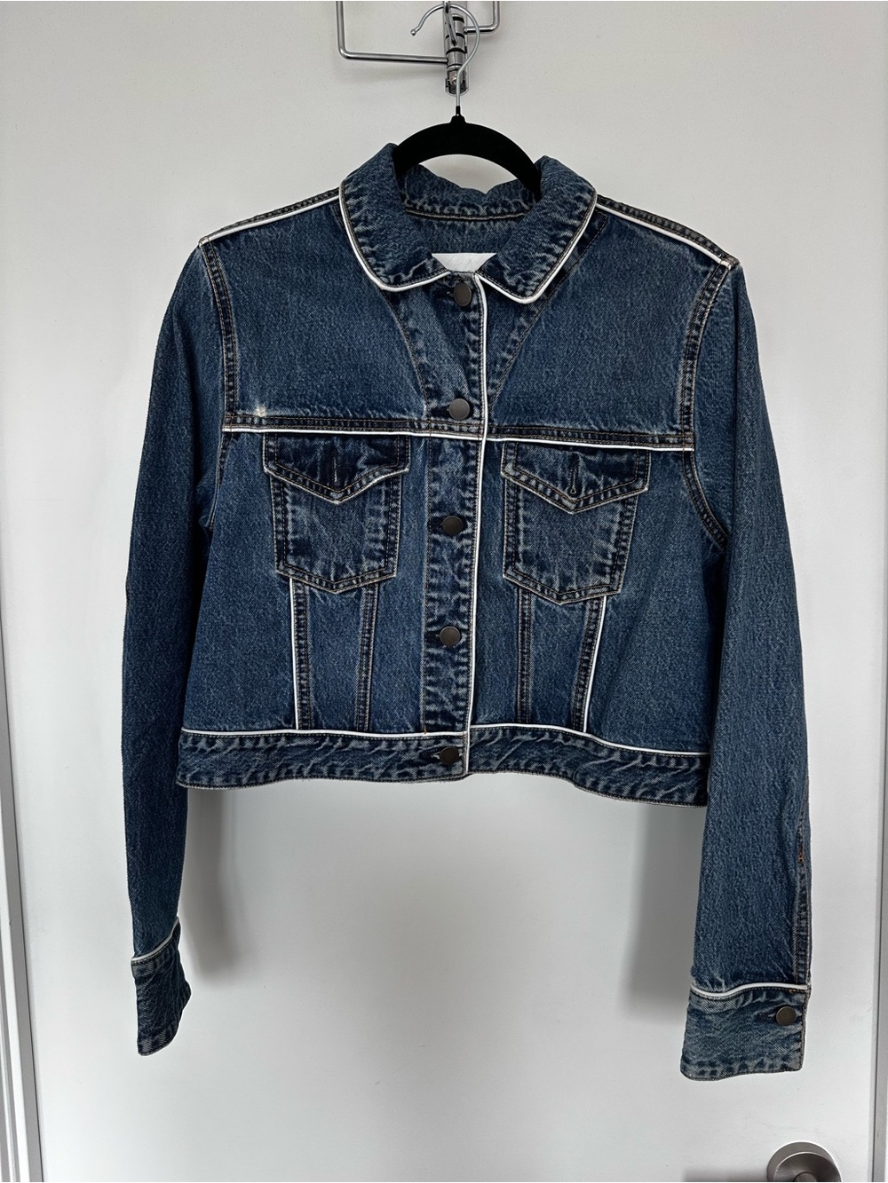 Nobody Denim Dark Blue Cropped Jean Jacket with Contrast Piping